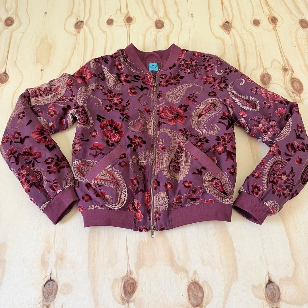 KAS Designs Anthropologie Bomber M Paisley Floral Velour Burnout Burgundy Pink